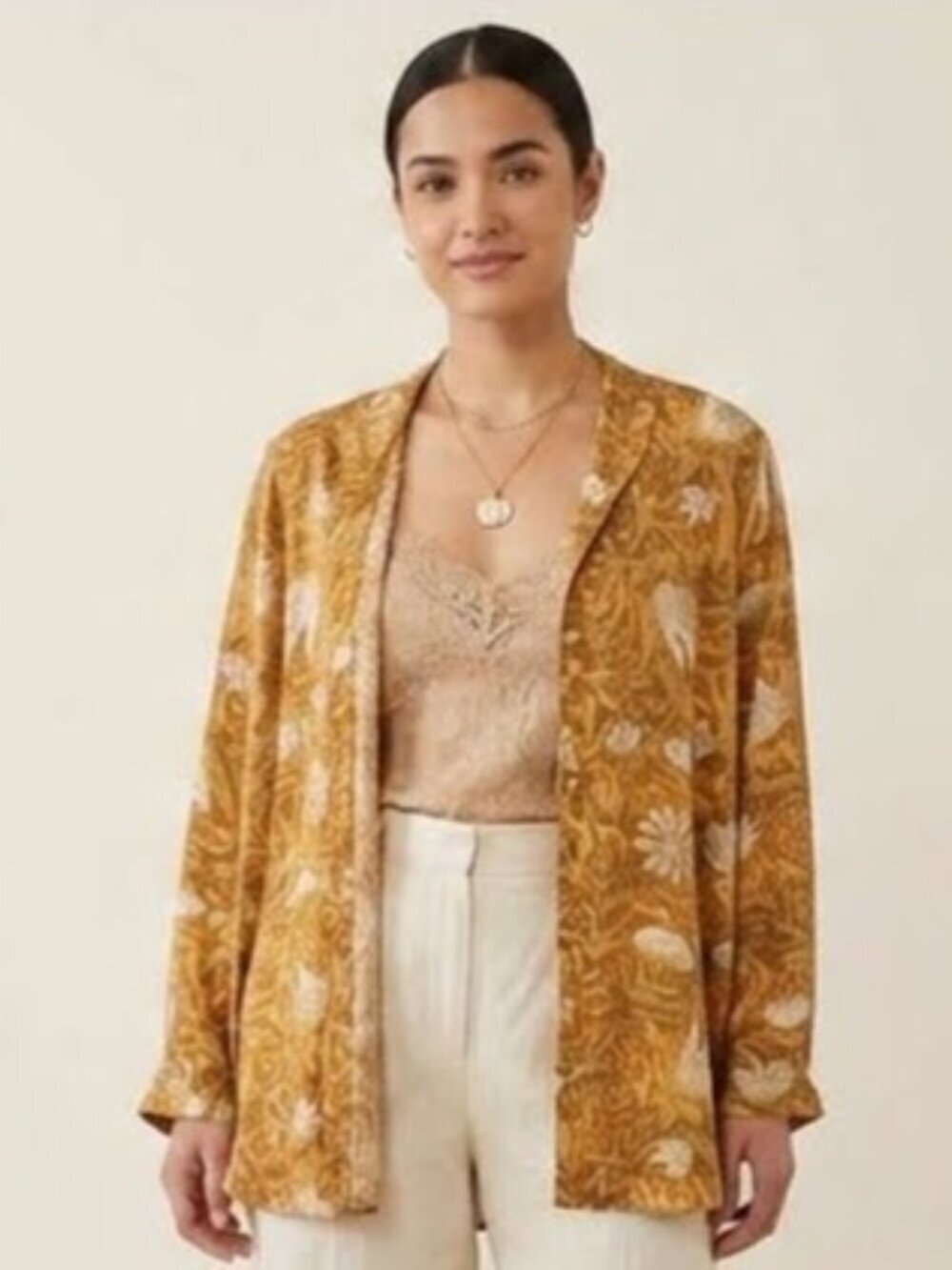 Real Clothes Sax 5th Ave Women's Size Large Mustard Floral Silk Button Up Top